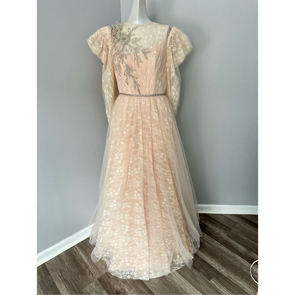 Mac Duggal Floral Beaded Lace Puff Long Sleeve A Line Dress Peach Size 2
